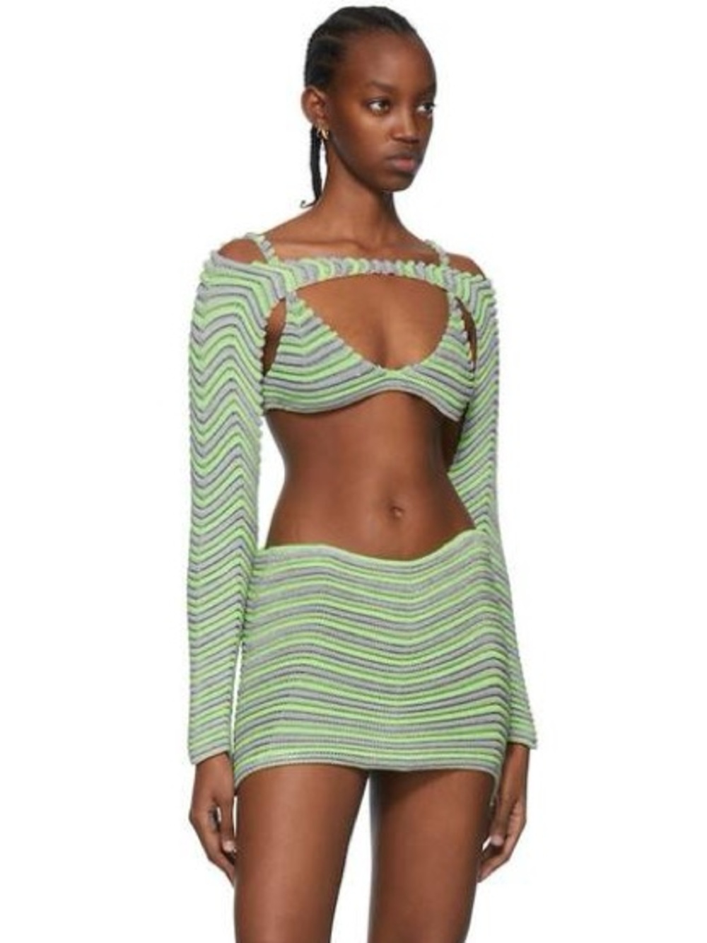 Isa Boulder Bodycurl Green & Lilac Striped Cutout Knit Sweater / Bolero